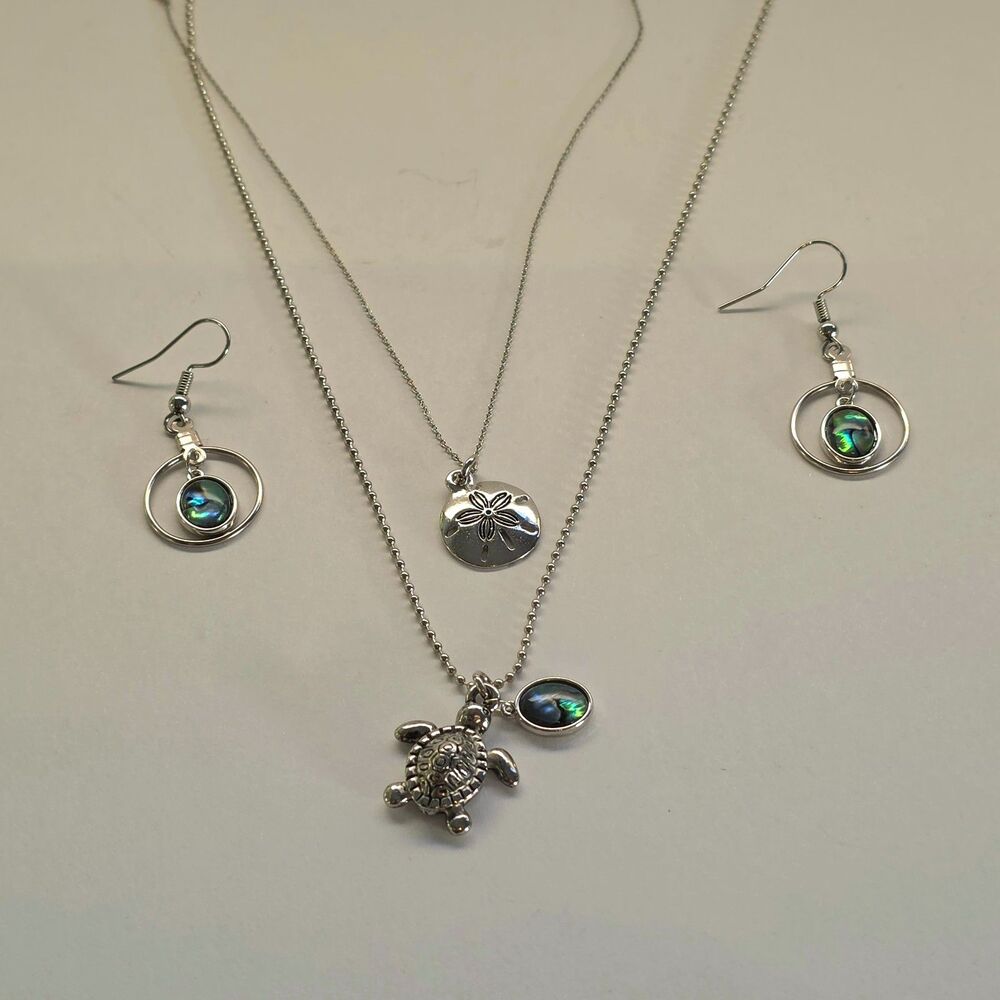 3pc Coastal Jewelry Set, Silver Tone, Ocean Abalone Layering Turtle Necklaces